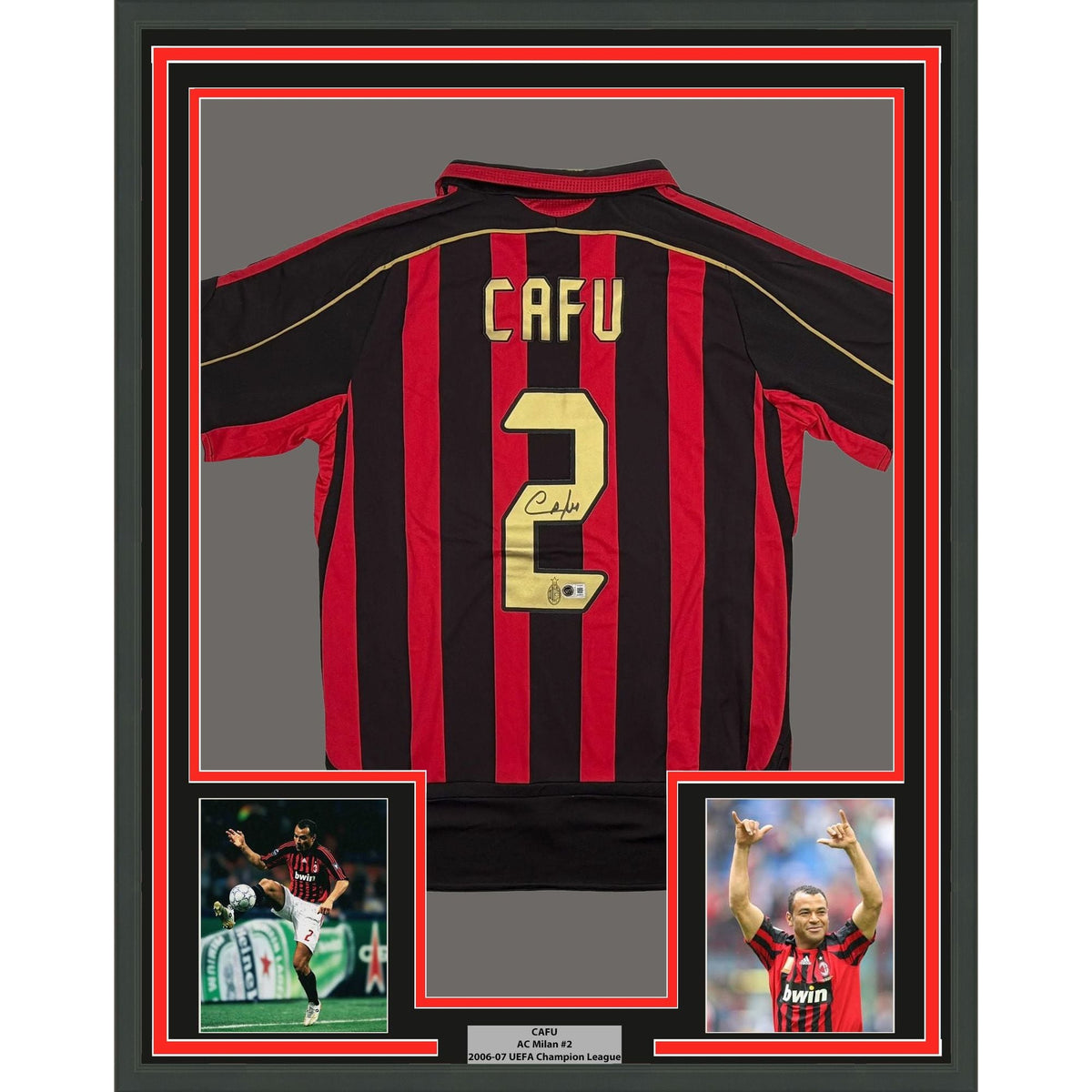 Framed Autographed/Signed Cafu 35x39 AC Milan Black/Red Soccer Futbol Jersey Beckett BAS COA