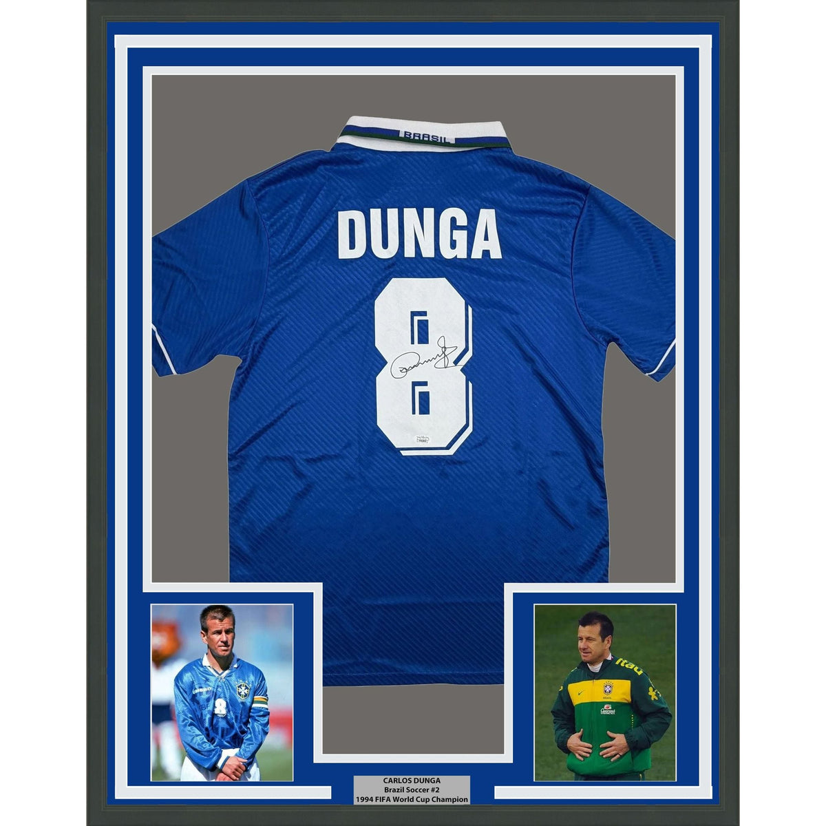 Framed Autographed/Signed Carlos Dunga 35x39 Brazil Blue Soccer Futbol Jersey Beckett BAS COA