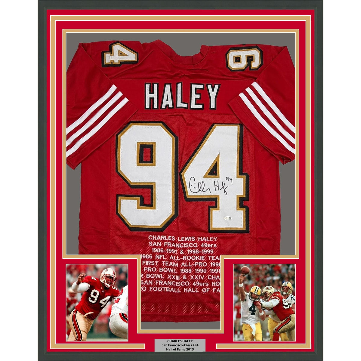 Framed Autographed/Signed Charles Haley 35x39 San Francisco Red Alternate Stat Football Jersey JSA COA