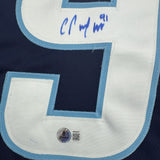 Framed Autographed/Signed Cole Perfetti 35x39 Winnipeg Blue Hockey Jersey Beckett BAS COA