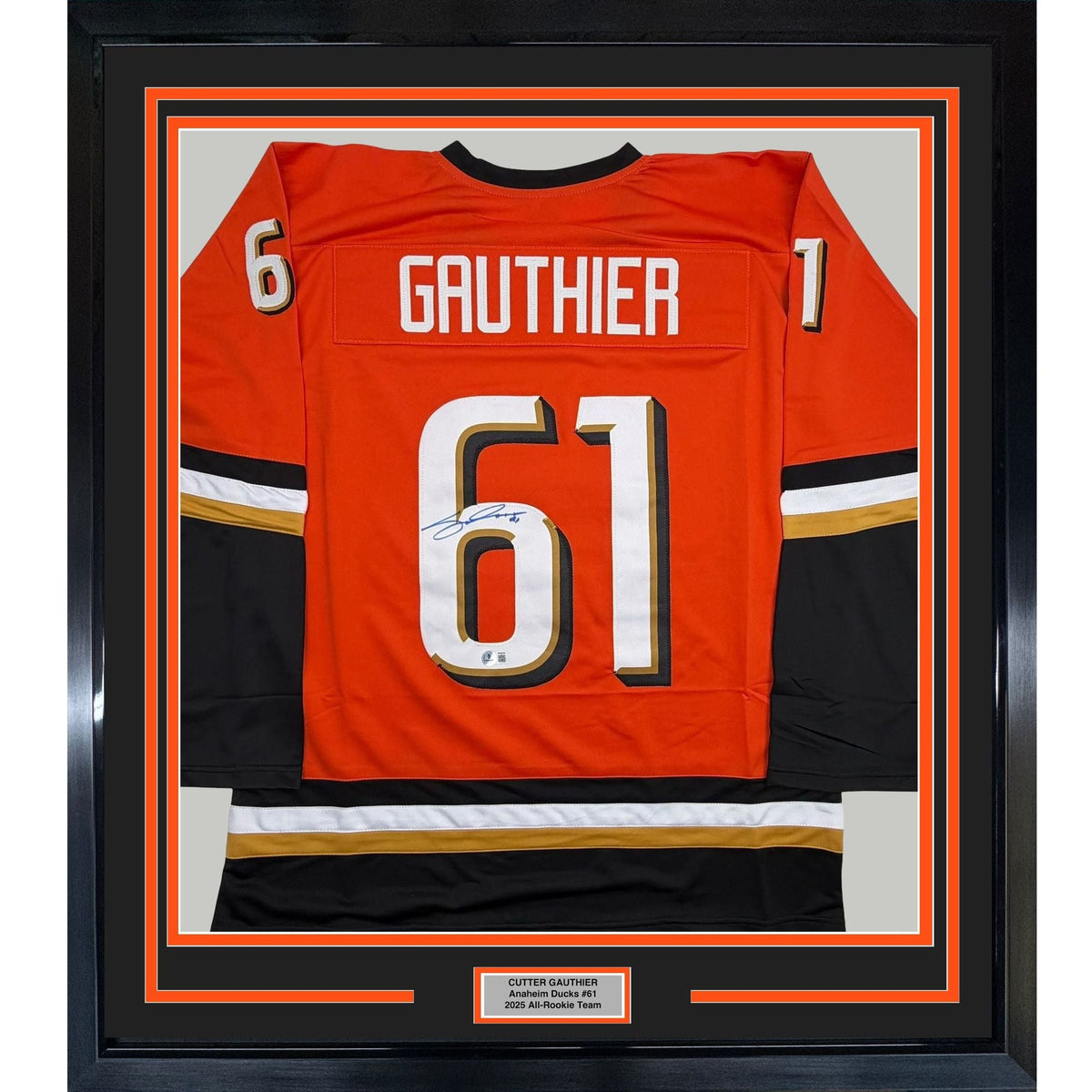 Framed Autographed/Signed Cutter Gauthier 35x39 Anaheim Orange Hockey Jersey Beckett BAS COA