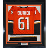 Framed Autographed/Signed Cutter Gauthier 35x39 Anaheim Orange Hockey Jersey Beckett BAS COA