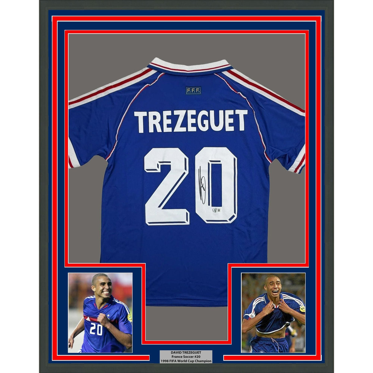 Framed Autographed/Signed David Trezeguet 35x39 France Blue Soccer Futbol Jersey Beckett BAS COA