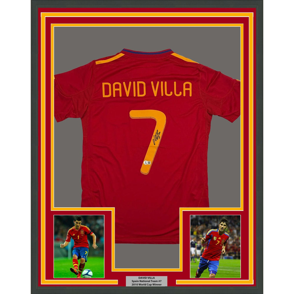 Framed Autographed/Signed David Villa 35x39 Spain Red World Cup Soccer Jersey Beckett BAS COA