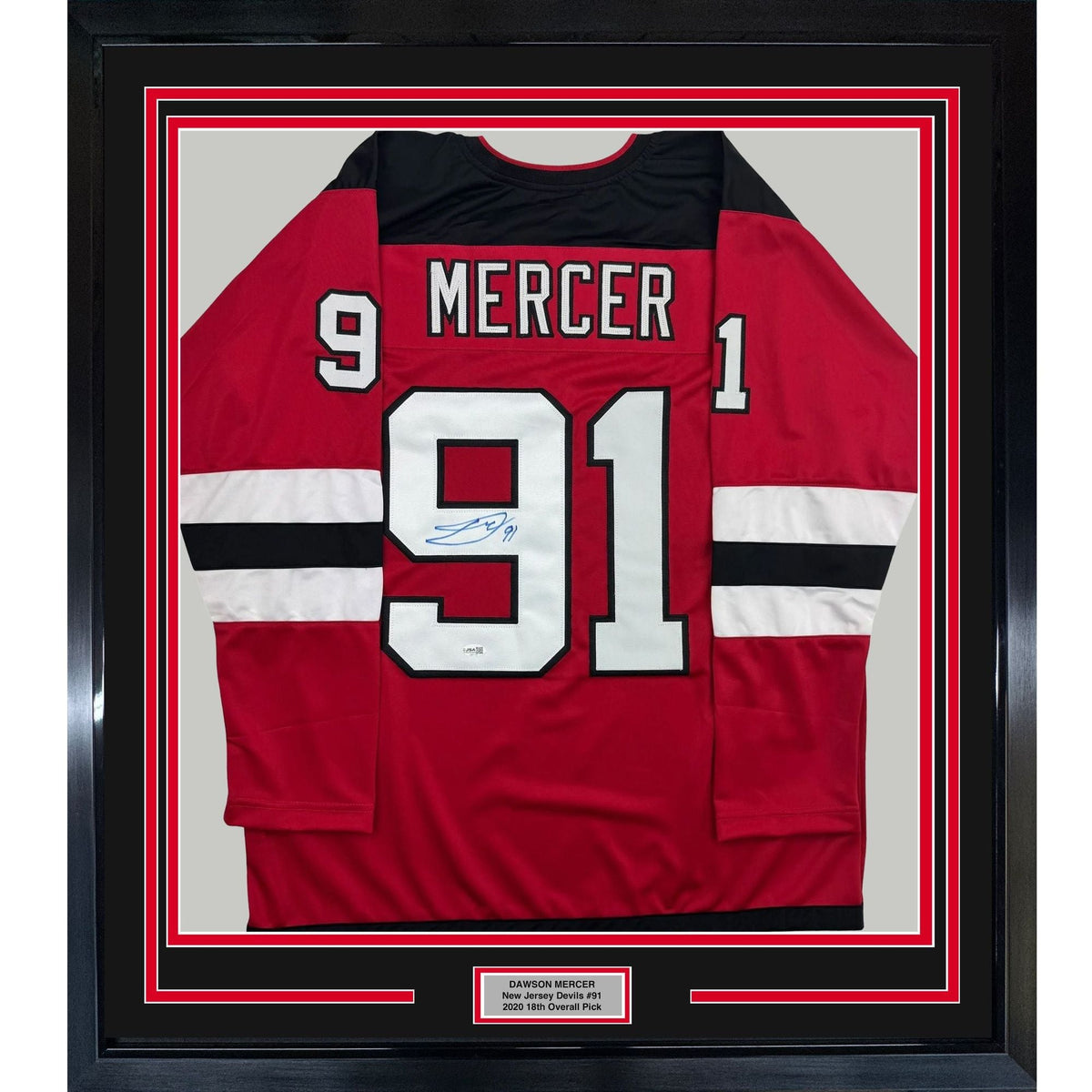 Framed Autographed/Signed Dawson Mercer 35x39 New Jersey NJ Red Hockey Jersey JSA COA