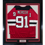 Framed Autographed/Signed Dawson Mercer 35x39 New Jersey NJ Red Hockey Jersey JSA COA