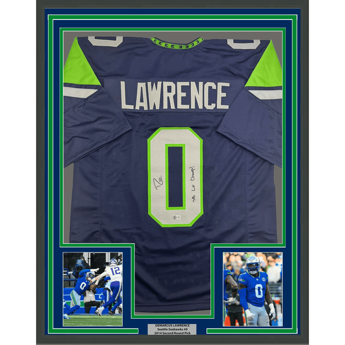 Framed Autographed/Signed Demarcus Lawrence 35x39 Seattle Blue Football Jersey Beckett BAS COA