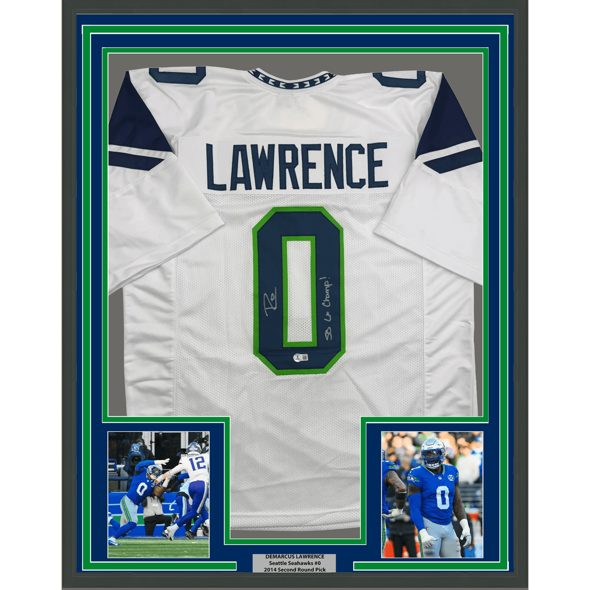 Framed Autographed/Signed Demarcus Lawrence 35x39 Seattle White Football Jersey Beckett BAS COA