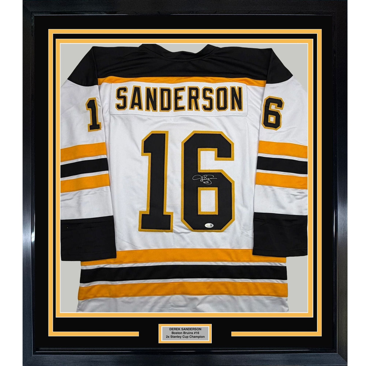 Framed Autographed/Signed Derek Sanderson 35x39 Boston White Hockey Jersey JSA COA