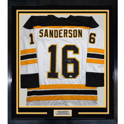 Framed Autographed/Signed Derek Sanderson 35x39 Boston White Hockey Jersey JSA COA