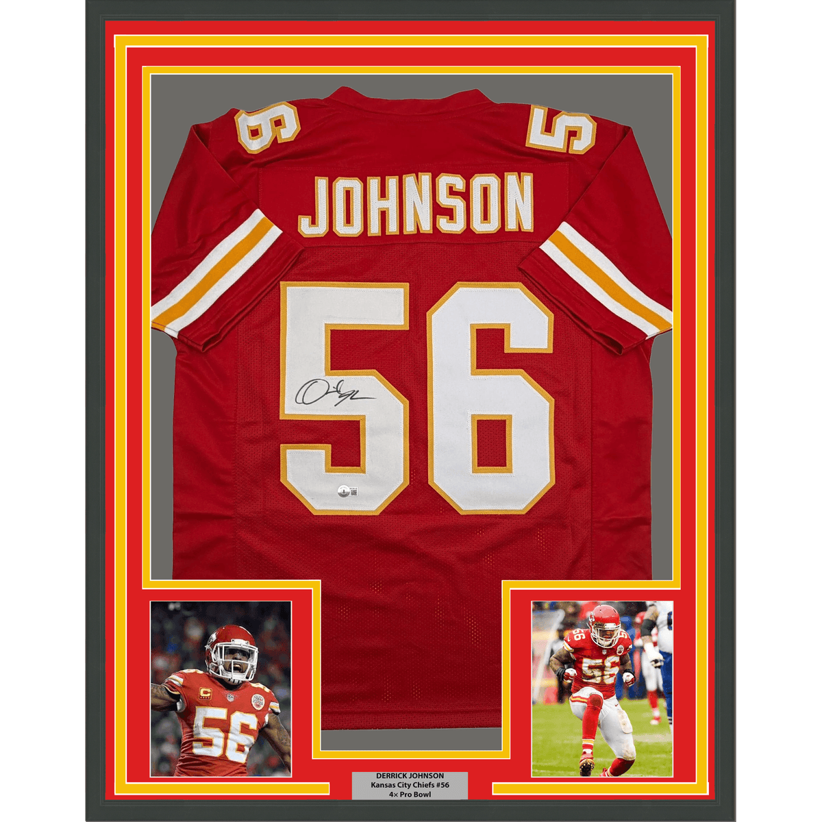 Framed Autographed/Signed Derrick Johnson 35x39 Kansas City Red Football Jersey Beckett BAS COA