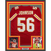 Framed Autographed/Signed Derrick Johnson 35x39 Kansas City Red Football Jersey Beckett BAS COA