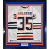 Framed Autographed/Signed Dwayne Roloson 35x39 Edmonton White Hockey Jersey Beckett BAS COA