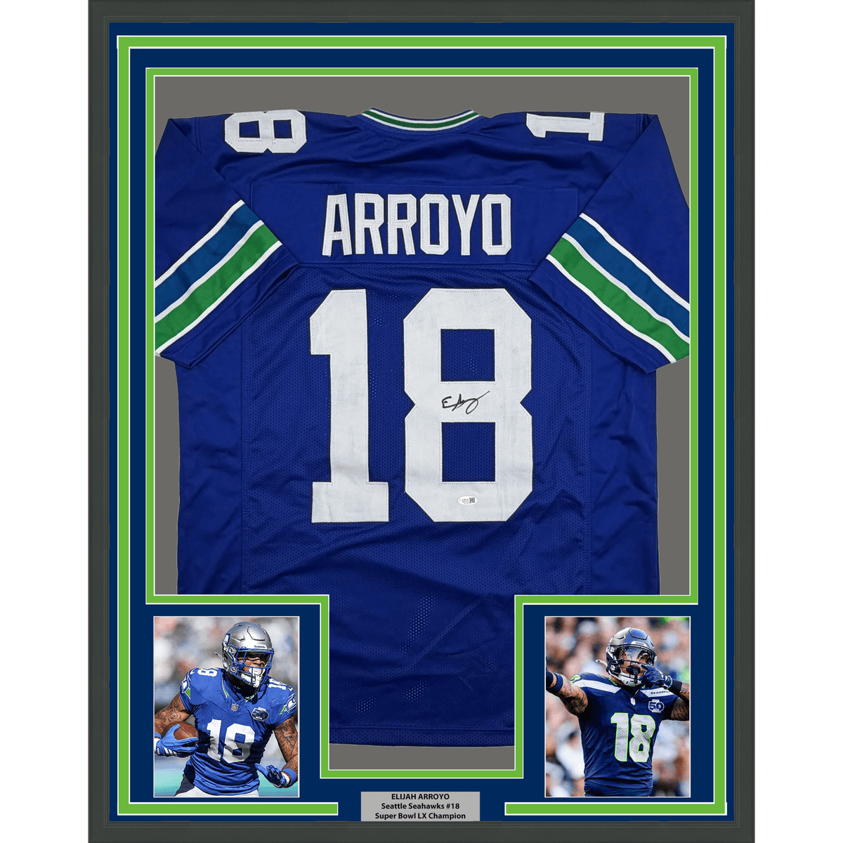 Framed Autographed/Signed Elijah Arroyo 35x39 Seattle Retro Blue Football Jersey JSA COA