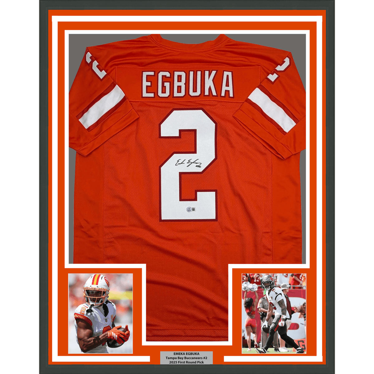 Framed Autographed/Signed Emeka Egbuka 35x39 Tampa Bay Orange Creamsicle Football Jersey Beckett BAS COA