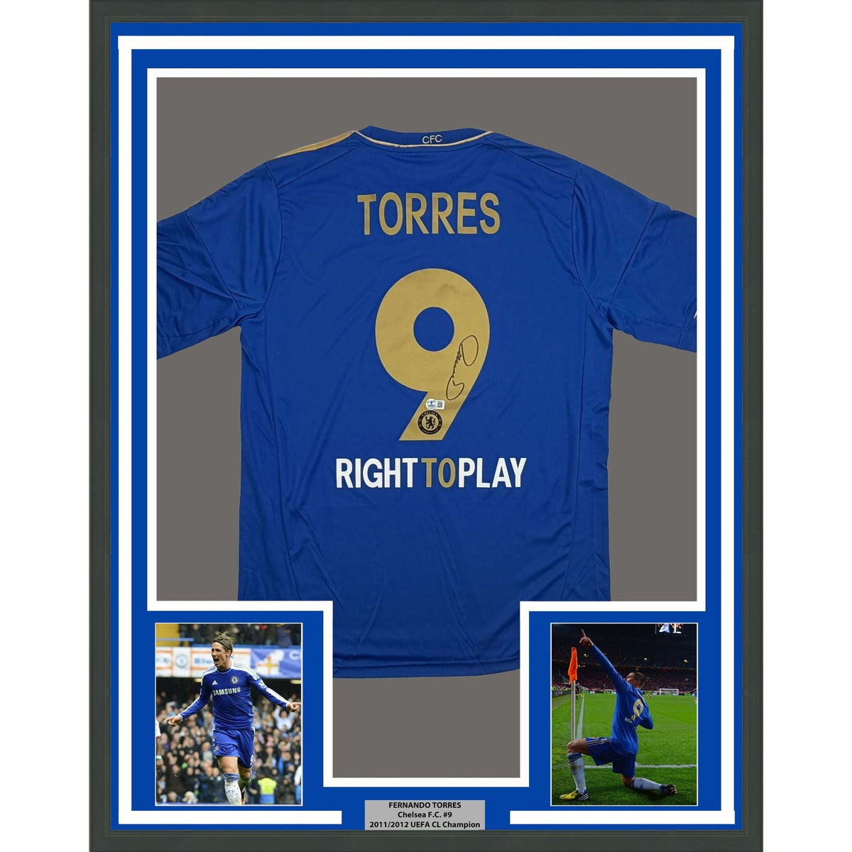 Framed Autographed/Signed Fernando Torres 35x39 Chelsea FC Blue/Gold Soccer Futbol Jersey Beckett BAS COA