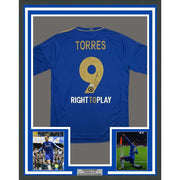 Framed Autographed/Signed Fernando Torres 35x39 Chelsea FC Blue/Gold Soccer Futbol Jersey Beckett BAS COA