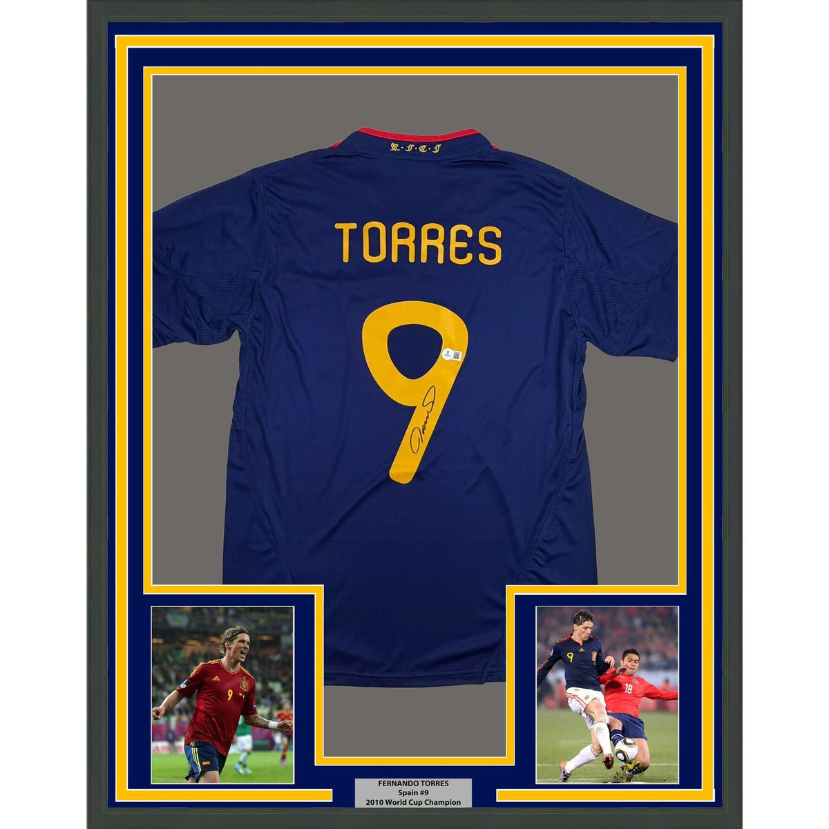 Framed Autographed/Signed Fernando Torres 35x39 Spain Blue Soccer Futbol Jersey Beckett BAS COA