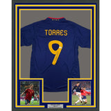 Framed Autographed/Signed Fernando Torres 35x39 Spain Blue Soccer Futbol Jersey Beckett BAS COA