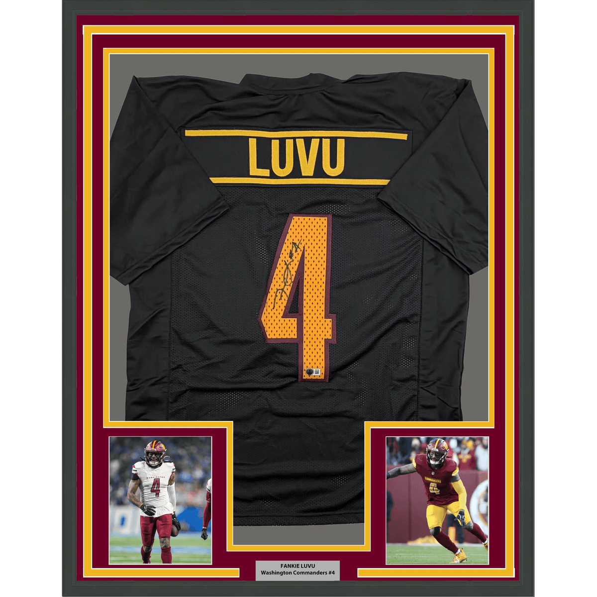 Framed Autographed/Signed Frankie Luvu 35x39 Washington Black Football Jersey Beckett BAS COA