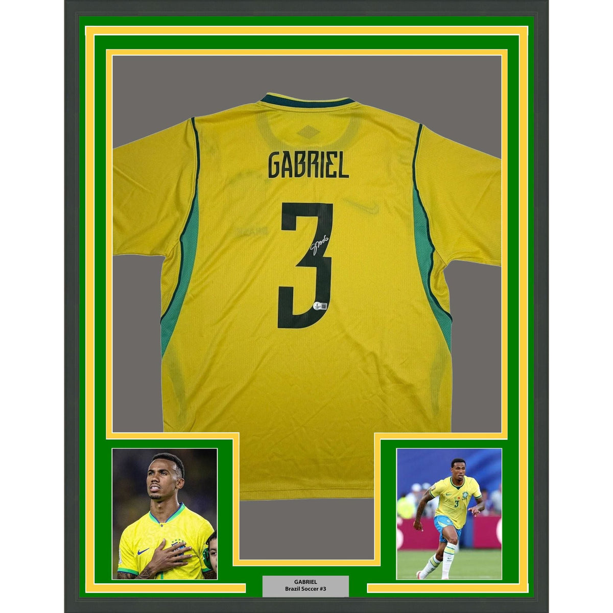 Framed Autographed/Signed Gabriel 35x39 Brazil Yellow Soccer Futbol Jersey Beckett BAS COA