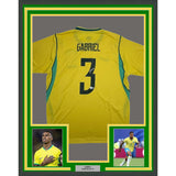 Framed Autographed/Signed Gabriel 35x39 Brazil Yellow Soccer Futbol Jersey Beckett BAS COA