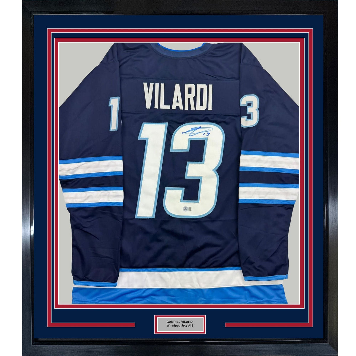 Framed Autographed/Signed Gabriel Vilardi 35x39 Winnipeg Blue Hockey Jersey Beckett BAS COA