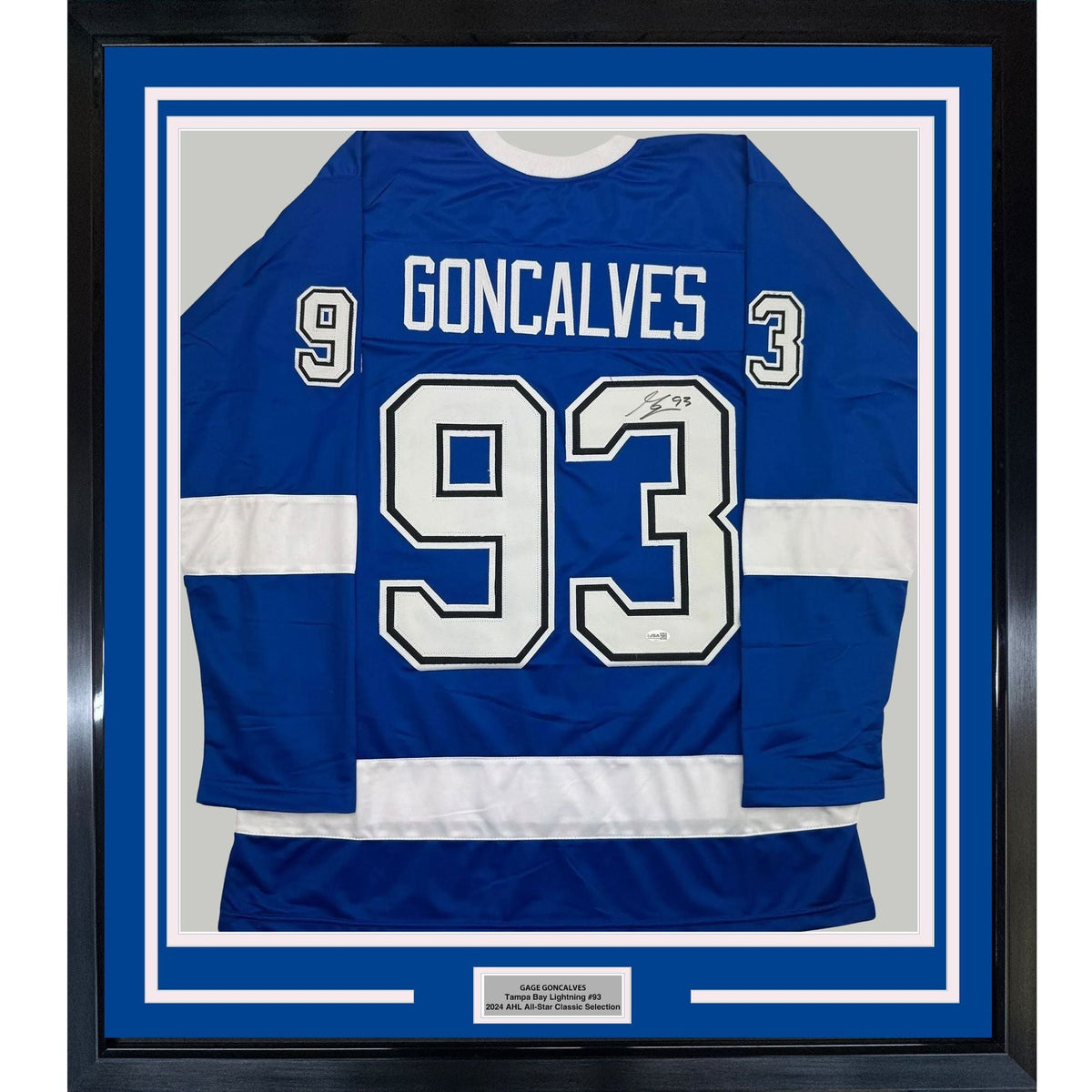 Framed Autographed/Signed Gage Goncalves 35x39 Tampa Bay Blue Hockey Jersey JSA COA