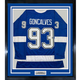 Framed Autographed/Signed Gage Goncalves 35x39 Tampa Bay Blue Hockey Jersey JSA COA