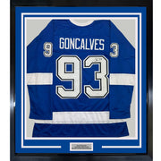 Framed Autographed/Signed Gage Goncalves 35x39 Tampa Bay Blue Hockey Jersey JSA COA