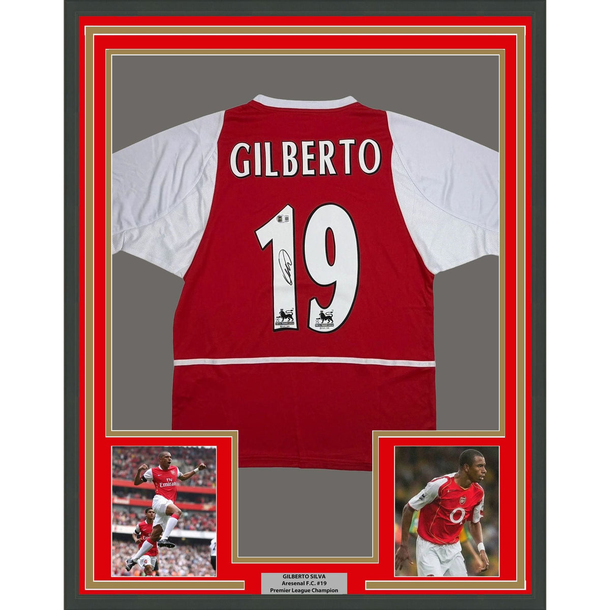 Framed Autographed/Signed Gilberto Silva 35x39 Arsenal Red Soccer Futbol Jersey Beckett BAS COA