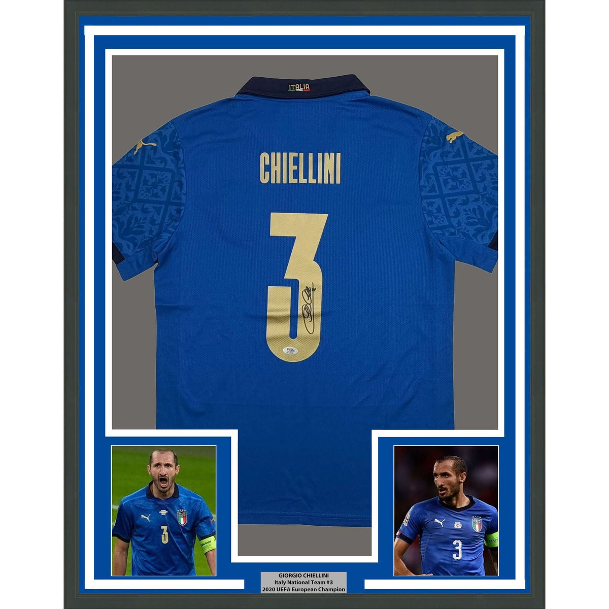 Framed Autographed/Signed Giorgio Chiellini 35x39 Italy Blue Soccer Futbol Jersey Beckett BAS COA