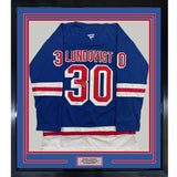 Framed Autographed/Signed Henrik Lundqvist 35x39 New York Blue Hockey Jersey JSA COA