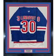 Framed Autographed/Signed Henrik Lundqvist 35x39 New York Blue Hockey Jersey JSA COA