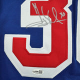 Framed Autographed/Signed Henrik Lundqvist 35x39 New York Blue Hockey Jersey JSA COA