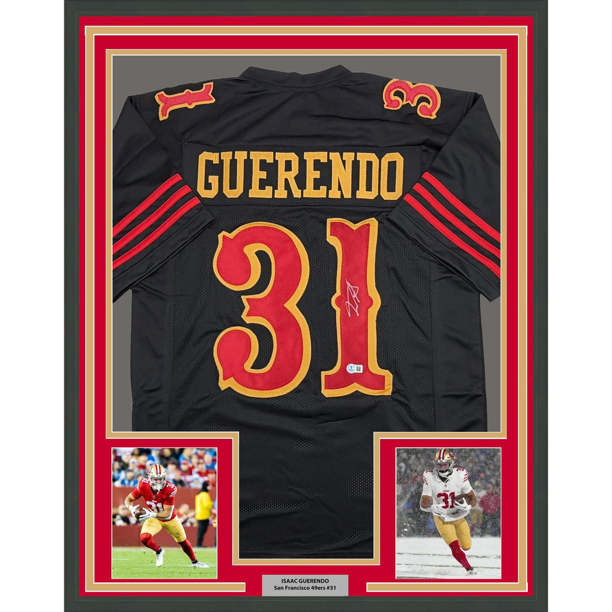 Framed Autographed/Signed Isaac Guerendo 35x39 San Francisco Black Rivalries Collection Football Jersey Beckett BAS COA