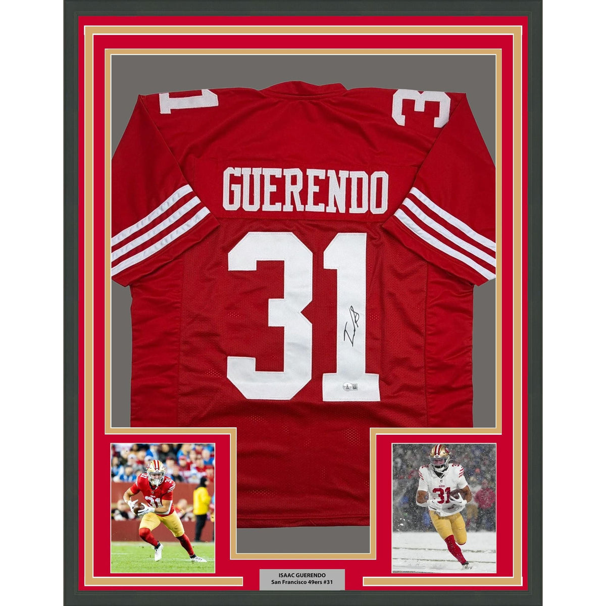 Framed Autographed/Signed Isaac Guerendo 35x39 San Francisco Red Football Jersey Beckett BAS COA