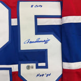 Framed Autographed/Signed Jacques Lemaire 35x39 Montreal Red Hockey Jersey Beckett BAS COA
