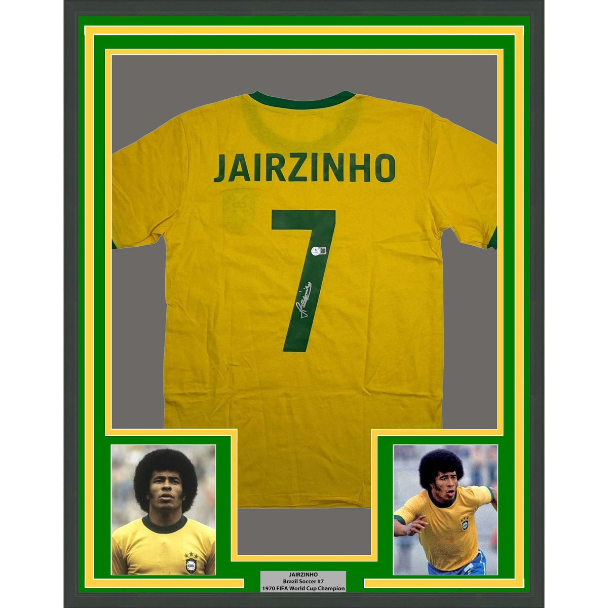 Framed Autographed/Signed Jairzinho 35x39 Brazil Yellow Soccer Futbol Jersey Beckett BAS COA