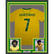 Framed Autographed/Signed Jairzinho 35x39 Brazil Yellow Soccer Futbol Jersey Beckett BAS COA