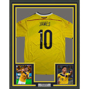 Framed Autographed/Signed James Rodriguez 35x39 Columbia Yellow Soccer Futbol Jersey Beckett BAS COA