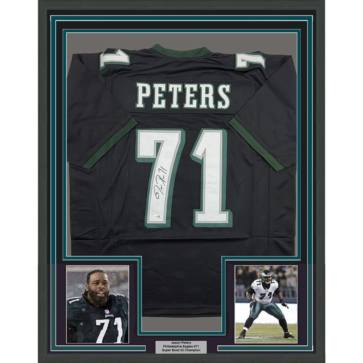 Framed Autographed/Signed Jason Peters 35x39 Philadelphia Black Football Jersey JSA COA