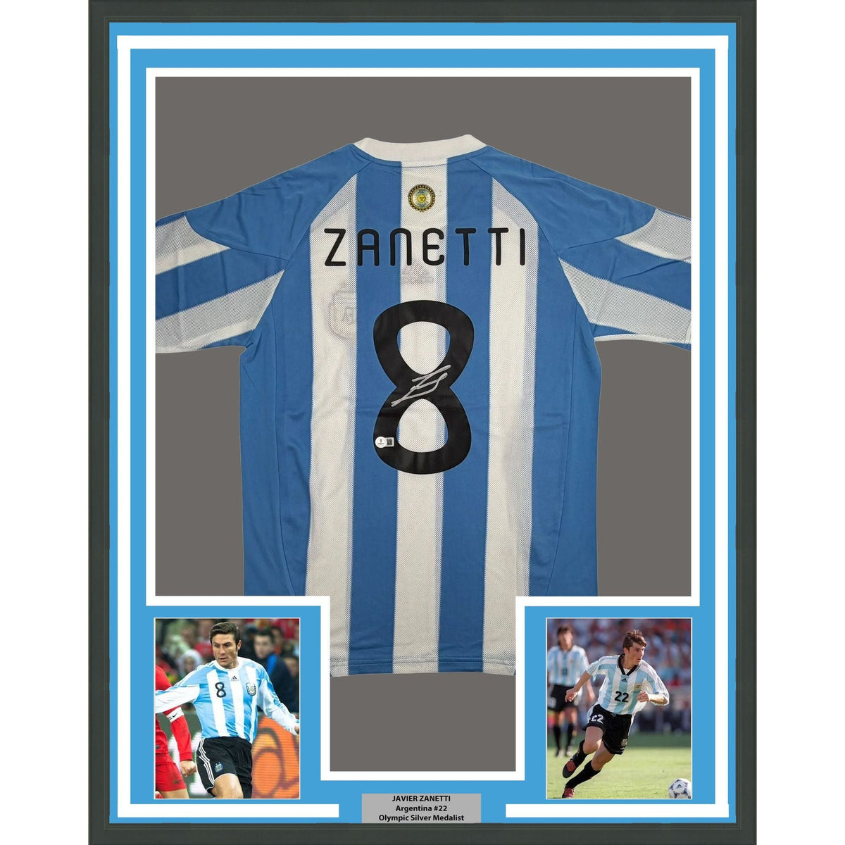 Framed Autographed/Signed Javier Zanetti 35x39 Argentina Blue/White Soccer World Cup Jersey Beckett BAS COA