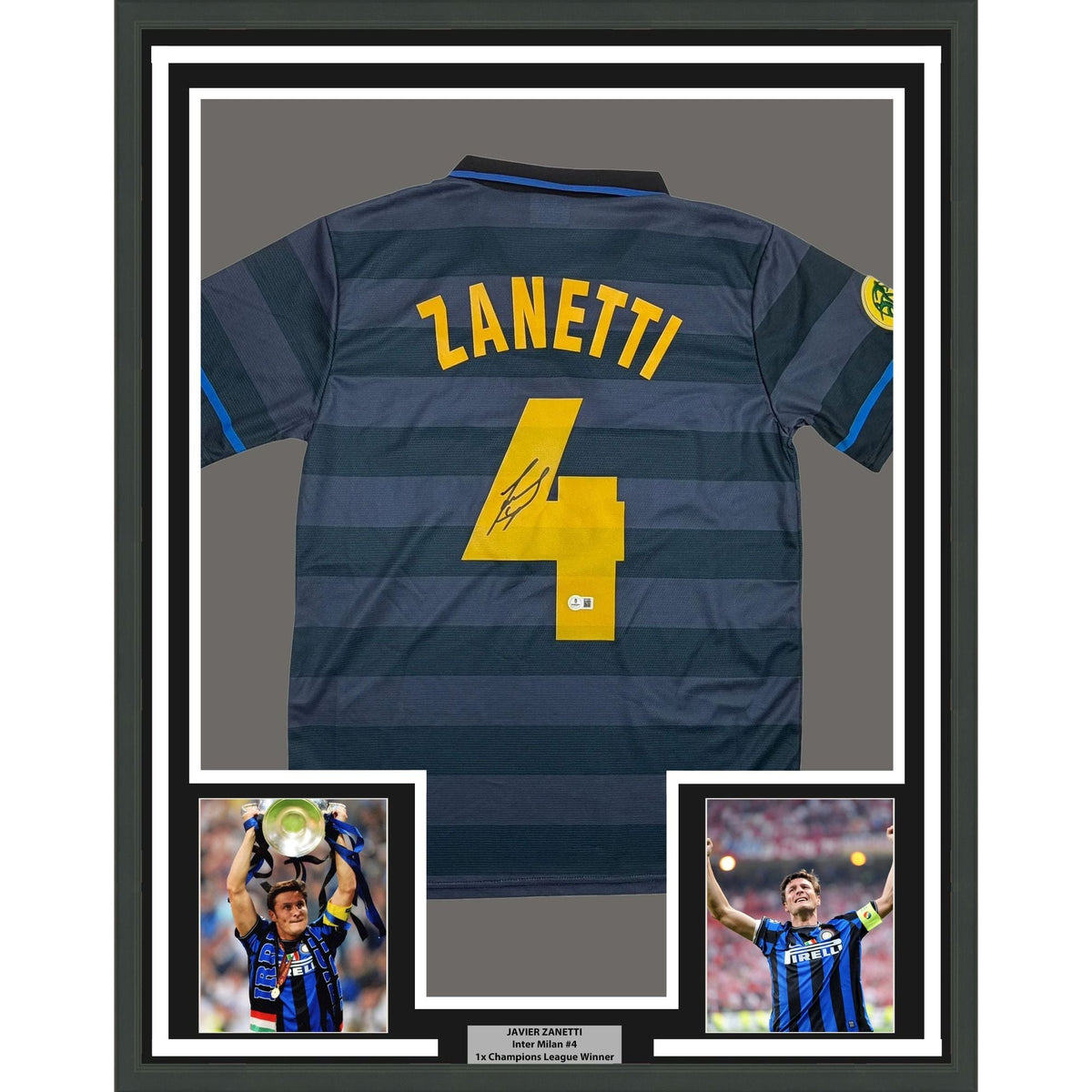 Framed Autographed/Signed Javier Zanetti 35x39 Inter Milan Navy Blue Soccer Futbol Jersey Beckett BAS COA