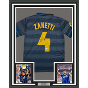 Framed Autographed/Signed Javier Zanetti 35x39 Inter Milan Navy Blue Soccer Futbol Jersey Beckett BAS COA