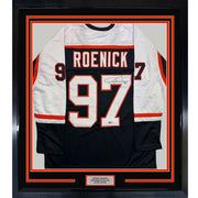 Framed Autographed/Signed Jeremy Roenick 35x39 Philadelphia Black Hockey Jersey Beckett BAS COA