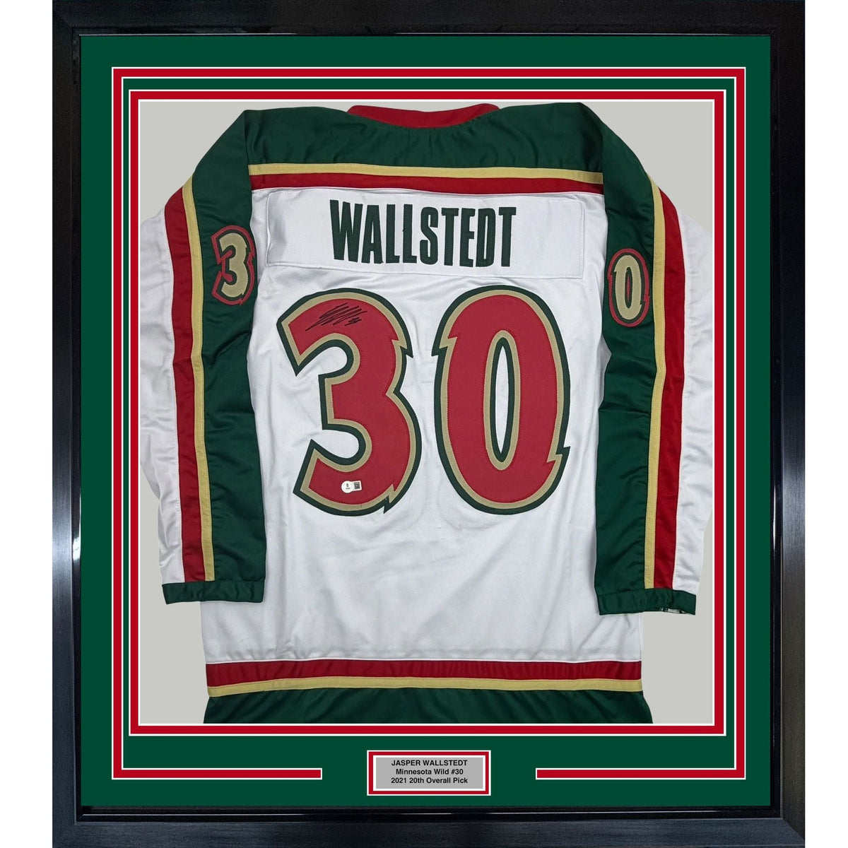Framed Autographed/Signed Jesper Wallstedt 35x39 Minnesota White 25th Anniversary Hockey Jersey Beckett BAS COA
