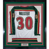 Framed Autographed/Signed Jesper Wallstedt 35x39 Minnesota White 25th Anniversary Hockey Jersey Beckett BAS COA