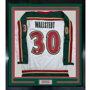 Framed Autographed/Signed Jesper Wallstedt 35x39 Minnesota White 25th Anniversary Hockey Jersey Beckett BAS COA