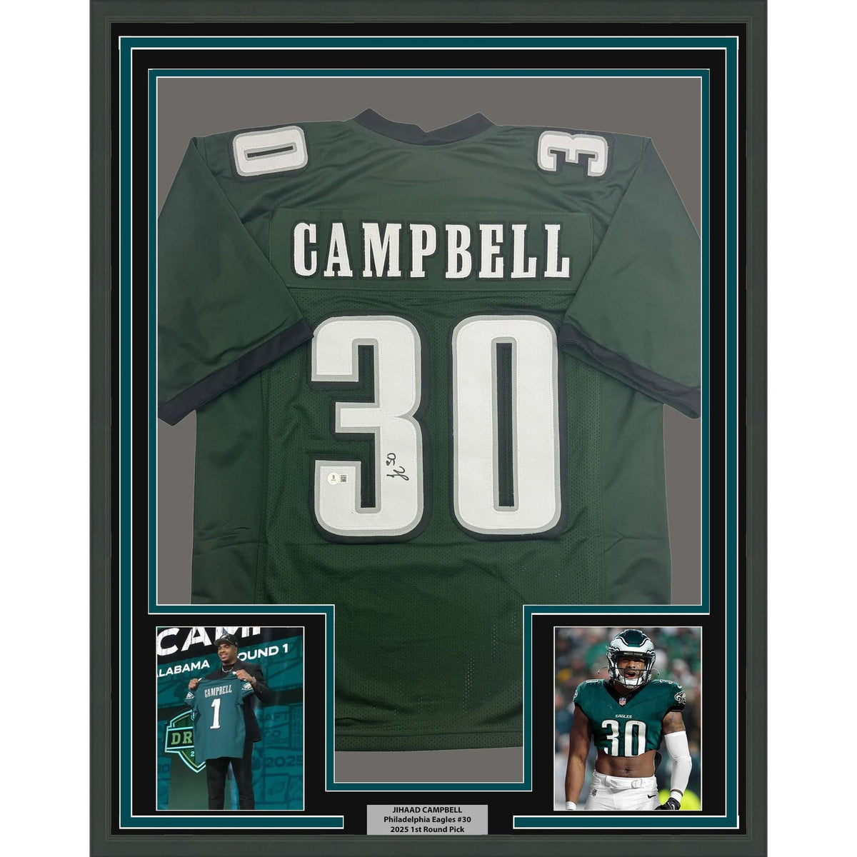 Framed Autographed/Signed Jihaad Campbell 35x39 Philadelphia Green Football Jersey Beckett BAS COA